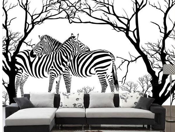 Duvar Kağıtları Modern Sanat Siyah ve Beyaz Kabartmalı Soyut Ağaç Zebra Oturma Odası Sofa Arka Plan Duvar