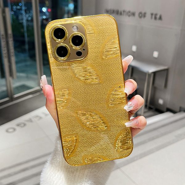 Borsa di design Custodia per telefono con foglie d'oro placcatura 3D per iPhone 11 12 13 14 15 Pro Max 7 8 Plus X XS XR Cover posteriore rigida per PC Fundas