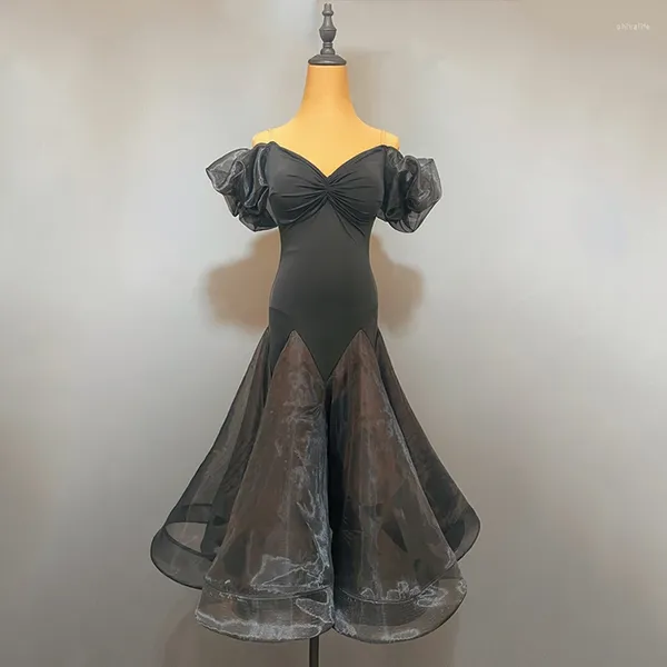 Bühnenkleidung Erwachsene Frauen Ballsaal Tanzkleid Blasenärmel Schwarze Kleider Prom Walzer Tango Performance Kostüm JL5425