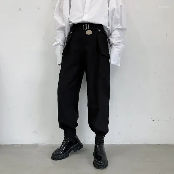 Calças masculinas moda homens joggers calça cintura alta cintura larga cinto cônico calças de metal disco preto solto hip hop streetwear homem oversize