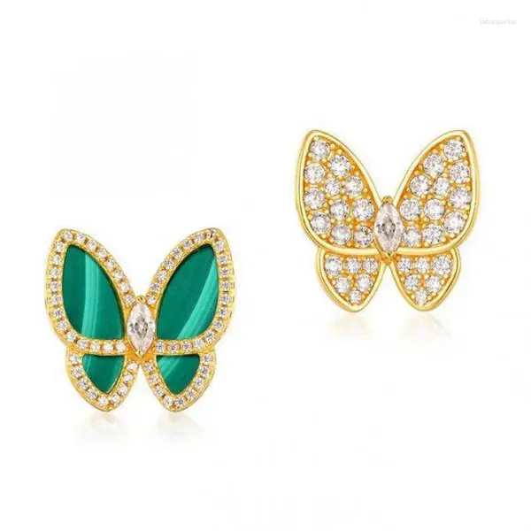 Boucles d'oreilles à tige papillon pour femme, en argent sterling S925, plaqué or 10 carats, Zircon Malachite, pierre de cristal, nœud papillon asymétrique