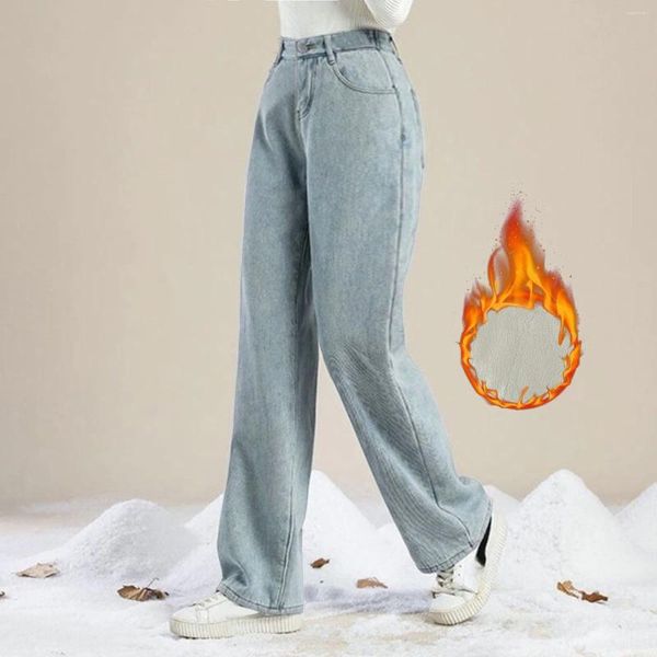 Calças de brim femininas velo forrado cintura alta outono inverno acolchoado calças térmicas fofo napped escovado para mulheres calças jeans