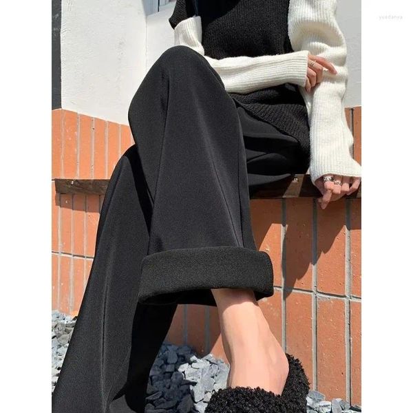 Pantaloni da donna QWEEK Abito classico in pile nero Donna Inverno Sciolto Elegante Pantaloni dritti da ufficio da donna Stile coreano Abbigliamento da lavoro da palazzo