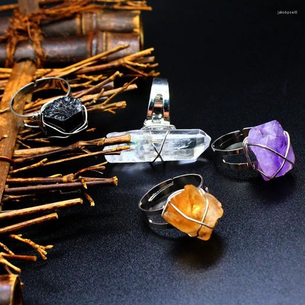 Cluster-Ringe, unregelmäßiger rauer Stein, offener Ring für Frauen, goldfarbener roher Amethyst-Fingerschmuck mit schwarzem Turmalin, veränderbar