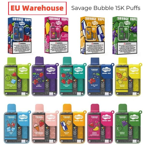 В наличии Savage Bubble 15000, электронная сигарета Puff Vape, капсулы для электронного сока, 28 мл, 10 вкусов, блокировка от детей, умный дисплей, 650 мАч, перезаряжаемая батарея, сетчатая катушка, против randm 9000 7000 7K 12k