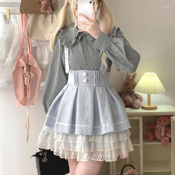 Saias Estilo Gótico Japonês Lolita Bolo Saia Mulheres Chic Love Button Jacquard Bowknot Curto Suspender Punk Y2K Party Mini