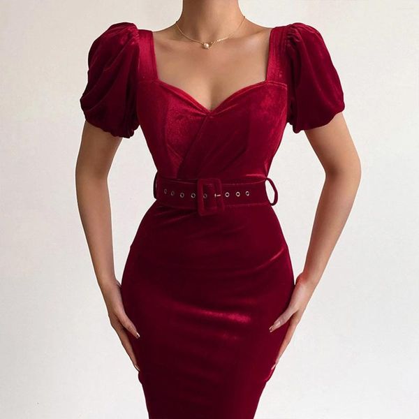 Casual Kleider Sexy Puff Sleeve Slit Bodycon Prom Kleid Mit Gürtel Frauen Kurze Arbeit Sommer Elegante Vestidos Robe Femme 2024