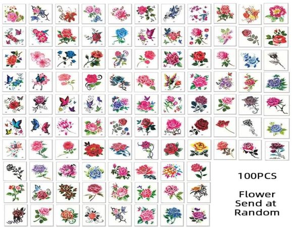 100 pezzi adesivi tatuaggio temporaneo fiori gatto braccia piedi tatuaggio colorato body art impermeabile rosa falso per bambini e donne1147029