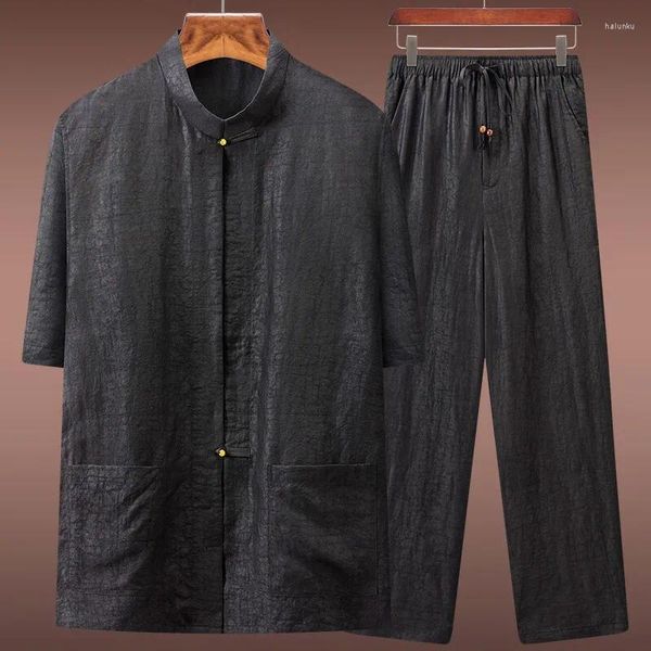 Abbigliamento etnico Blu Jiao Xiangyun Filato Tang Suit Outfit Uomo Estate Manica corta Vero baco da seta Ranuncolo di seta Stile cinese Ze