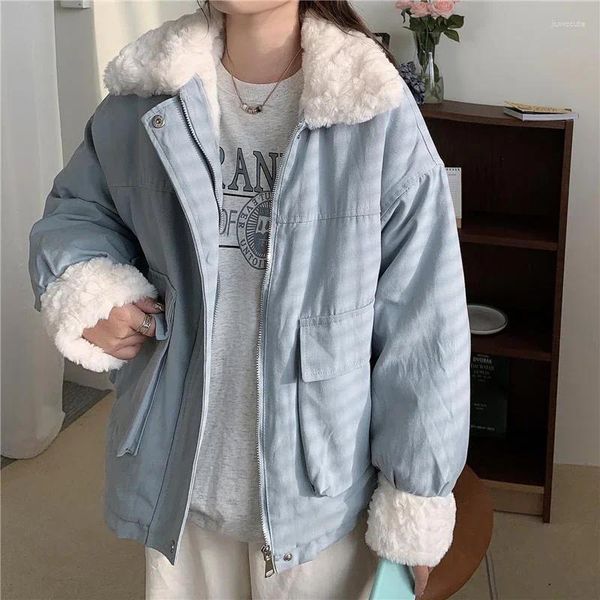 Jaquetas femininas moda coreana gola de pele solta jaqueta mulheres oversized zíper up espessado casaco mulher retalhos manga longa outwear inverno