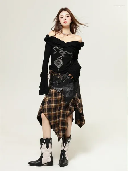 Röcke Retro Rock Streetwear Punk Gothic Verstärktes Plaid Unregelmäßigen Rock Frauen Sexy Ausgestellte Ärmel Drucken Dünne Gestrickte Top Mädchen 2044