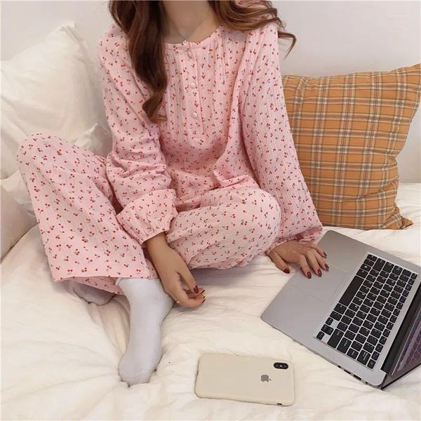 Kadın pijama 2pcs Homewear gevşek o yaka kazak pijamalar rahat pijama pamuklu kadın kiraz baskı uzun kollu üst pantolon