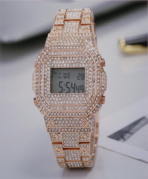 Прямоугольная форма Дизайнерские часы с бриллиантами Date Iced Out для женщин и мужчин Светодиодные цифровые мужские водонепроницаемые спортивные наручные часы Мужская мода Мужские 2497140
