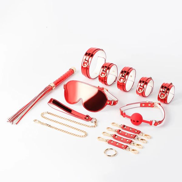 Luxo 3D Laser Couro BDSM Conjunto Cama Bondage Kits Restraint Algemas Collar Gag Máscara de Olho Brinquedos Sexuais para Mulheres Casais Adultos Jogos 240102