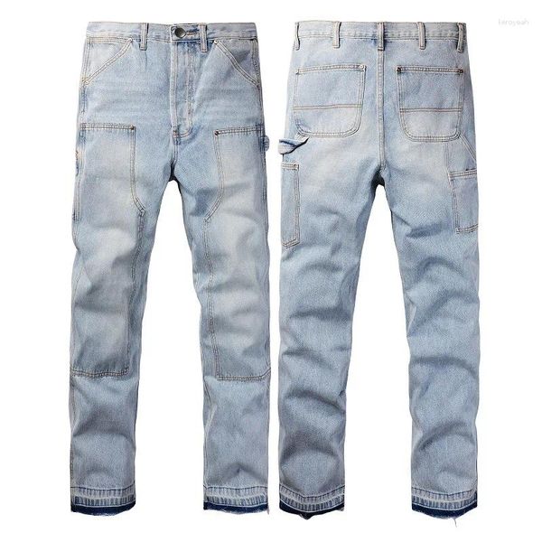 Calças de brim masculinas bolsos soltos carga homens streetwear calças largas perna motocicleta estiramento azul denim calças 2024