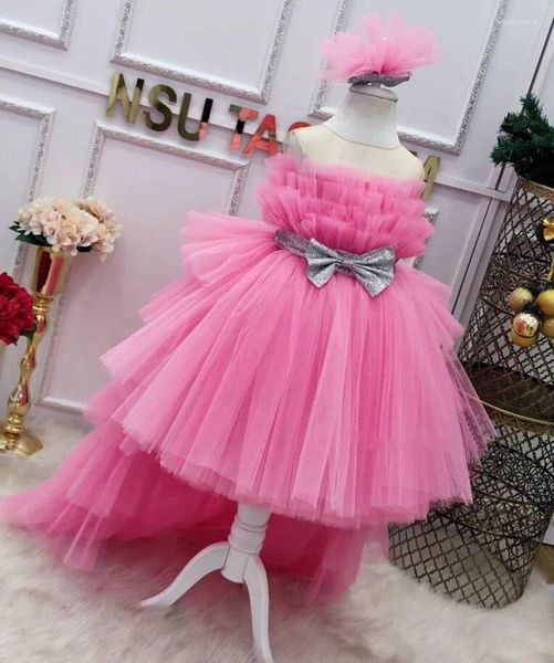 Vestidos de menina feitos à mão rosa festa de aniversário vestido de baile para meninas em camadas tule princesa flor vestido de natal com trem destacável