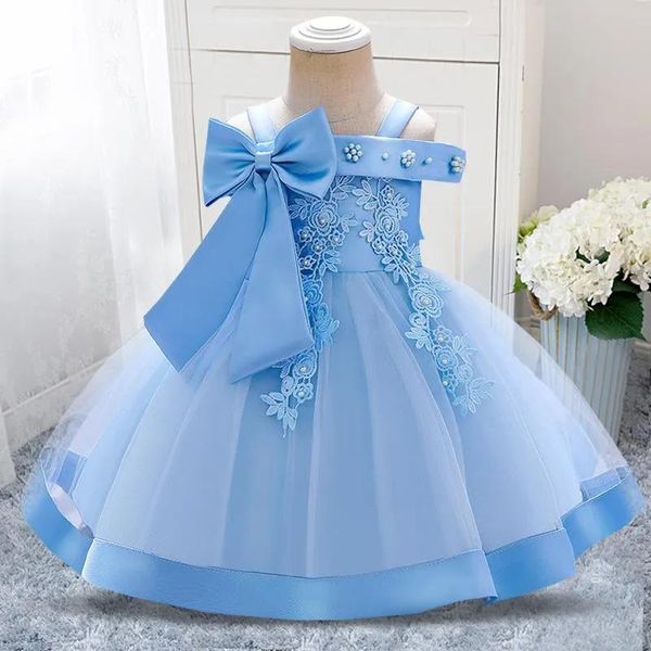 Kleider Mädchen Kleider Sommer Blumen Schleife 1. Geburtstag Kleid Baby Mädchen Kleidung One Shoulder Taufe Prinzessin Party Kostüm Kinder Kleinkind Cl