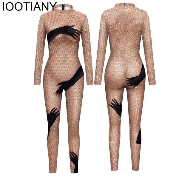 Mani nere toccano il corpo shinny stampa sexy Beyonce donne tuta costumi carnevale cosplay manica lunga tuta femminile outfit 231229