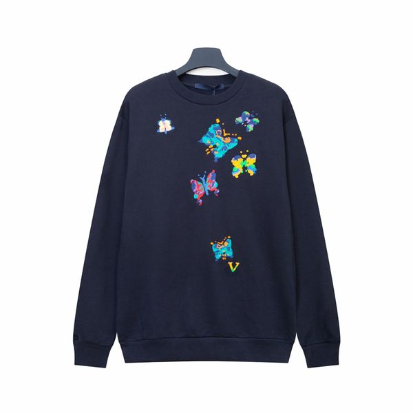 Erkek Hoodie Avrupa ve Amerikan Trendi Sweater Renkli Kelebek Nakış Saf Pamuk Gevşek Takas Sıradan Yuvarlak Yuvarlak Boyun Kapşonlu Mavi Kapşon