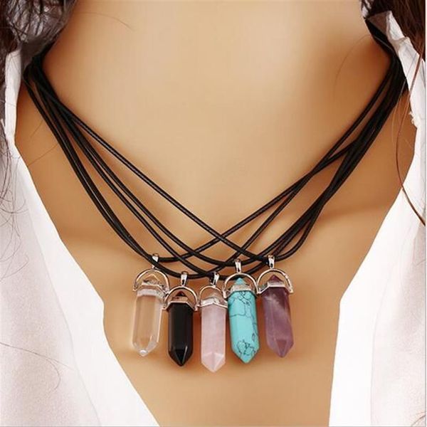 Moda nova pu lether corrente das mulheres dos homens criado pedra preciosa natural hexagonal prisma pilha pingente colar feminino g288241m