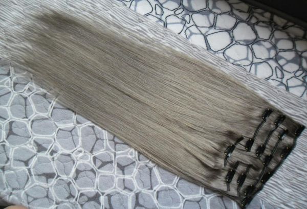 8 Stück graue Haarverlängerungen, Clip-in-Haarverlängerungen, 100 g, brasilianisches reines, gerades Clip-in-Echthaar, 3018317