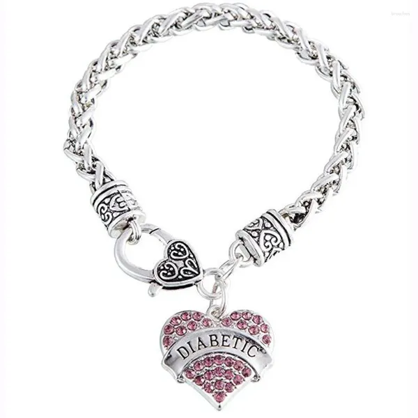 Charm-Armbänder, Weizenkette, hellrosa Kristall-Rhinstone-Herz, für Diabetiker, Geschenke für Frauen