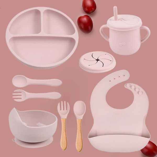 5/9 pçs silicone conjunto de utensílios de mesa de alimentação do bebê tigela de sucção placa dividida colher garfo babadores copo antiderrapante crianças jantar pratos 240102