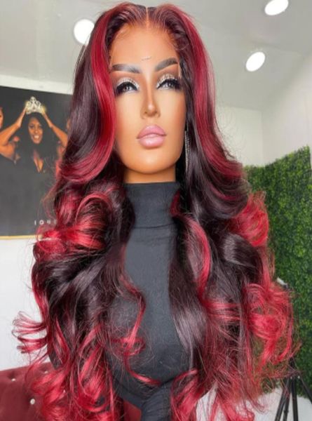 Perucas de cabelo humano destaque ombre vermelho colorido corpo onda peruca dianteira do laço para preto feminino borgonha destaques longo ondulado com bebê 230219734806