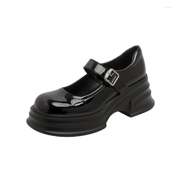 Kleidschuhe 2024 Frühling Damen Leder Schwarze Loafer Koreanischer Stil Mittelabsatz Modedesign Lässige Party- und Bürokleidung