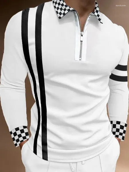 Polos masculinos primavera e outono casual camisa polo com zíper lapela verificação multicolor listrado cor combinando magro manga longa respirável