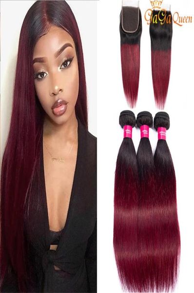 Ombre peruano cabelo reto tecer pacotes com fechamento 1bburgundy dois tons colorido remy tramas de cabelo humano com fechamento 99j vinho r8828598