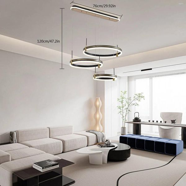 Lâmpadas pendentes Modern LED Chandelier 3 Ring Dimmable Candelabros Iluminação Ajustável Altura Luminárias com Controle Remoto Pendurado