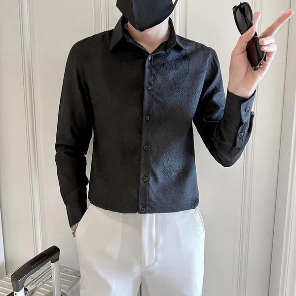 Camisas casuais masculinas camisas de hombre todas as estações manga longa impressão para roupas masculinas fino ajuste baile smoking blusas preto/branco/cinza