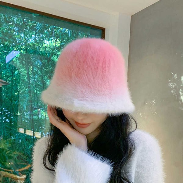 Beanie Skull Caps Cappello da Pescatore con Pelo di Coniglio Avanzato e che Cambia Gradualmente per Donna Autunno Peluche Secchio Moda Testa Grande Volto Circostante Piccola Ciotola