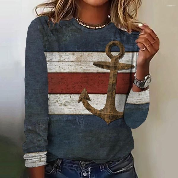 T-shirt da donna Autunno Donna Camicia a maniche lunghe Top Anchor Grafica Abbigliamento femminile Everyday Streetwear O-Collo Pullover per Tees 2024