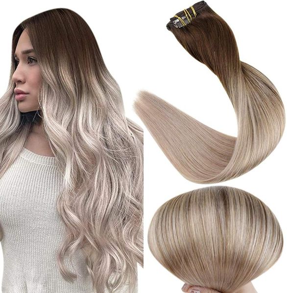 Clip Balayage di grado 10A nelle estensioni dei capelli Borwn scuro che sbiadisce in Biondo cenere Clip Ombre nell'estensione dei capelli umani 120g8pcs9032223