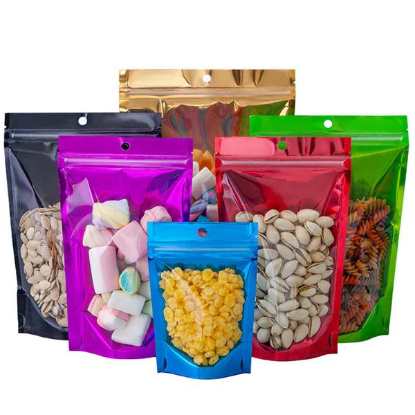 Renkli Stand Up mylar ambalaj çantaları alüminyum folyo net ön gösteri ekran Fermuarlar için perakende çantası gıda şeker meyve çekirdekleri fıstık tohumu depolama paketleri