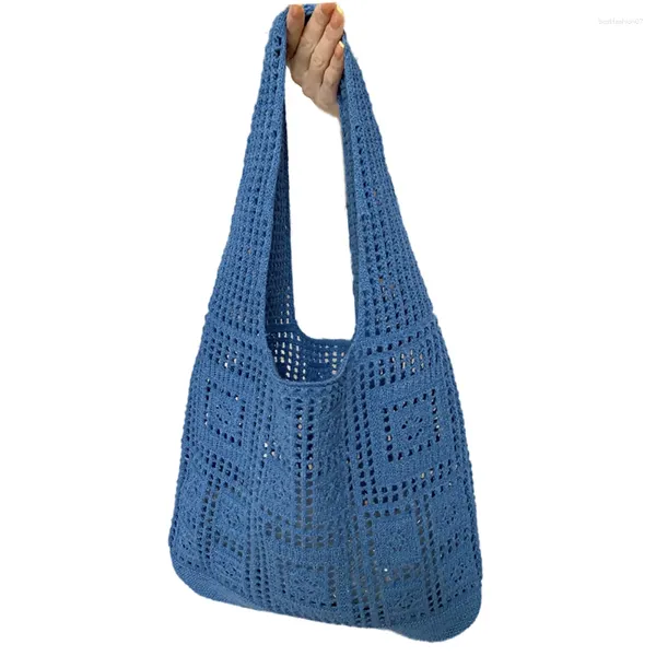 Вечерние сумки 2024, простая ретро-синяя вязаная сумка, сетчатая выдалбленная тканая сумка для женщин, сумка для покупок на открытом воздухе, женская сумка