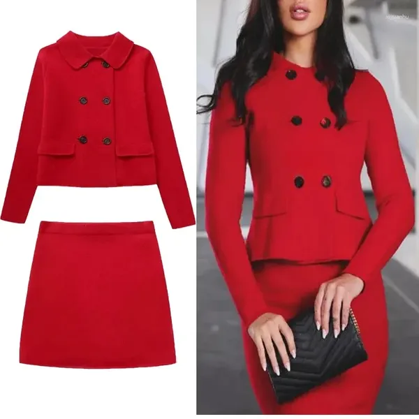 Ternos femininos femininos cortados blazer vermelho lapela mangas compridas moda duplo breasted jaquetas curtas outerwears mini saia conjuntos de outono