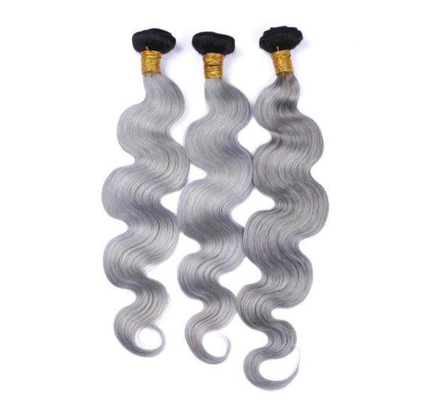 Fasci di tessuto brasiliano per capelli umani Ombre nero e grigio Radice scura 3 pezzi 1BS Trame di capelli vergini Ombre grigio argento Capelli dell'onda del corpo Exte5206857