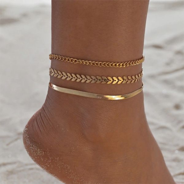 2024 neue 3 teile/satz Gold Farbe Einfache Kette 14 karat Gelb Gold Fußkettchen Für Frauen Strand Fuß Schmuck Bein Kette knöchel Armbänder Zubehör