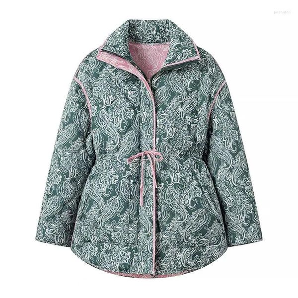 Trench da donna SLTNX Cappotto in cotone imbottito per donna 2024 Inverno Stampa dolcevita Manica lunga Capispalla da donna Cerniera frontale Lace Up