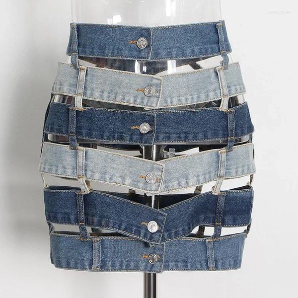 Röcke Sexy Aushöhlen Patchwork Denim Cargo Frauen 2024 Sommer Mode Design Asymmetrische Blaue Jeans Mini Rock Bodycon Faldas