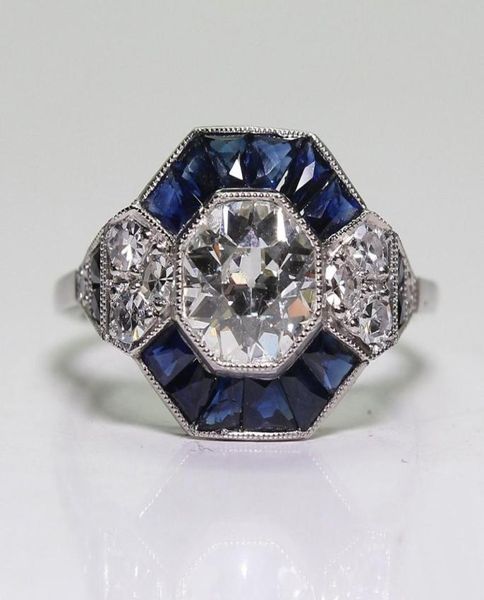 Антикварные ювелирные изделия из стерлингового серебра 925 пробы с бриллиантами и сапфирами для невесты, обручальное кольцо в стиле арт-деко, размер 5128098401