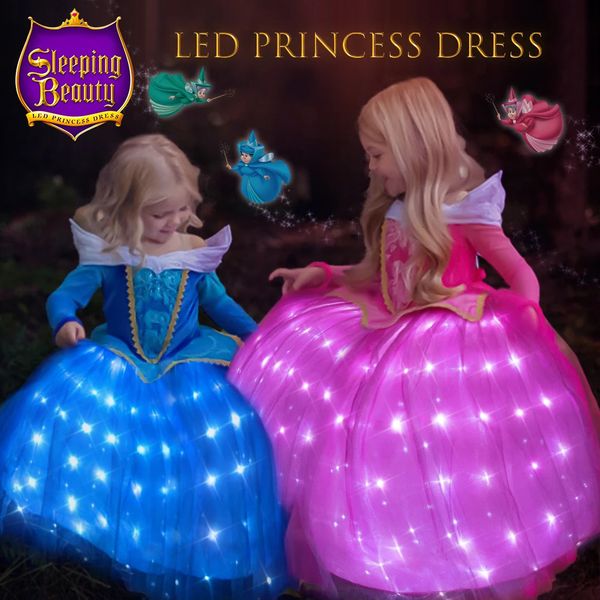 Uporpor Sleep Beauty Aurora Princess LED Платье для девочек Детское очарование Cosplay Carnival Drave Up Одежда костюм для вечеринки по случаю дня рождения 240102