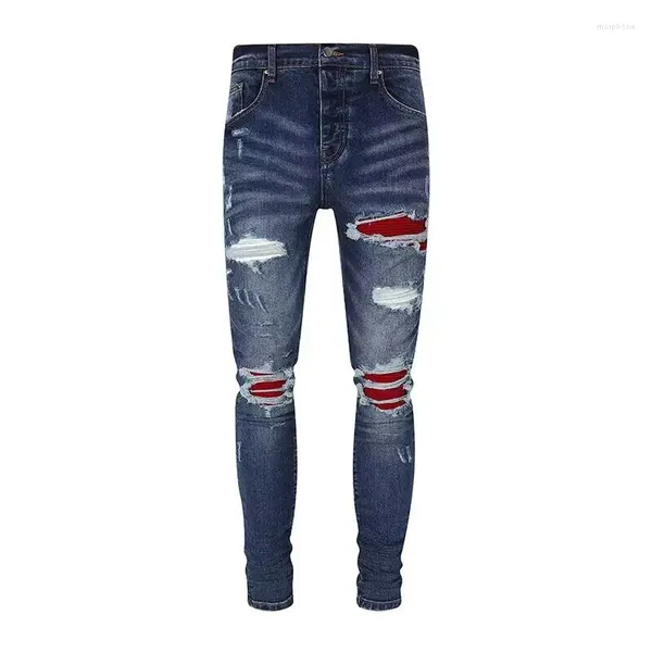 Jeans masculinos rua moda designer homens retro azul escuro elástico estiramento skinny fit rasgado vermelho remendado hip hop marca calças