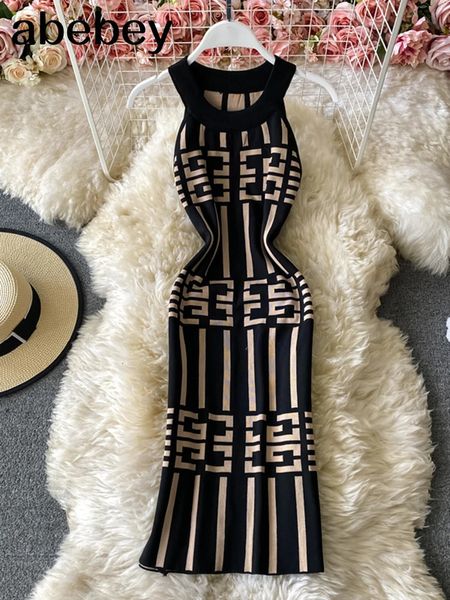 Ins Moda Geometrik Örme Kadınlar 2022 Yaz Straplez kolsuz sıkı elbise Avrupa tarzı kadın ofis elbisesi 240102