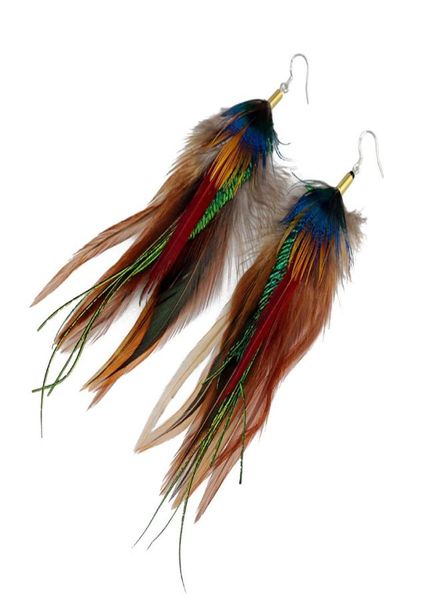 Серьги из натурального длинного перьев на естественных пухах 925 Серебряные винтажные бого многоцветные фазанские женщины Зимние вечеринка бохо. 9777077