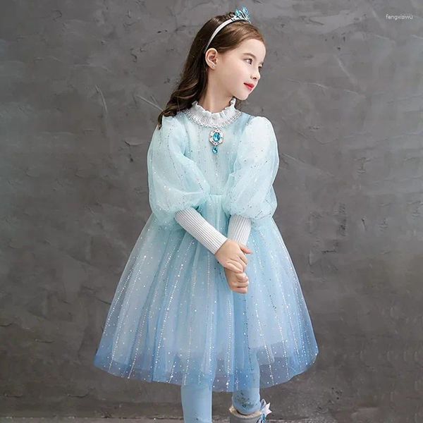 Vestidos de menina primavera e outono vestido de princesa 2024 outono-inverno azul infantil malha de fadas