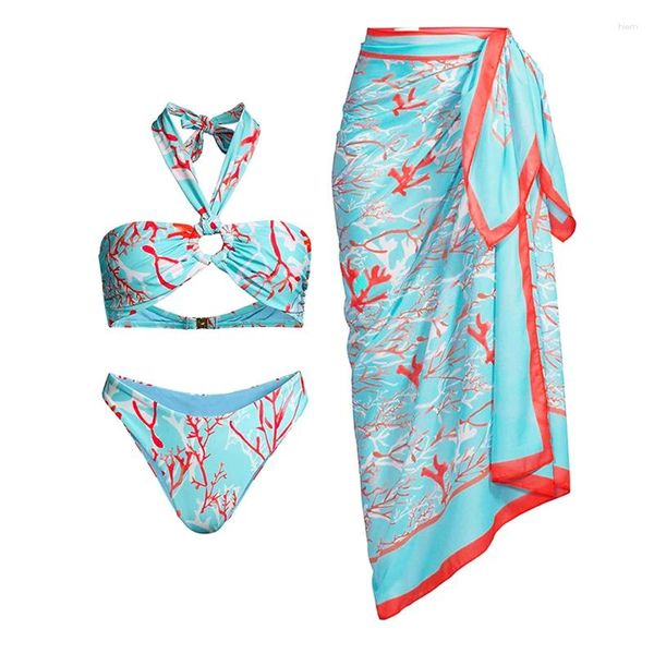 Damenbadebekleidung Frauen Sexy mit Rock Sommerdruck Zweiteiler Bikini und Cover Up Push Beachwear Luxus Badeanzug Biquini weiblich